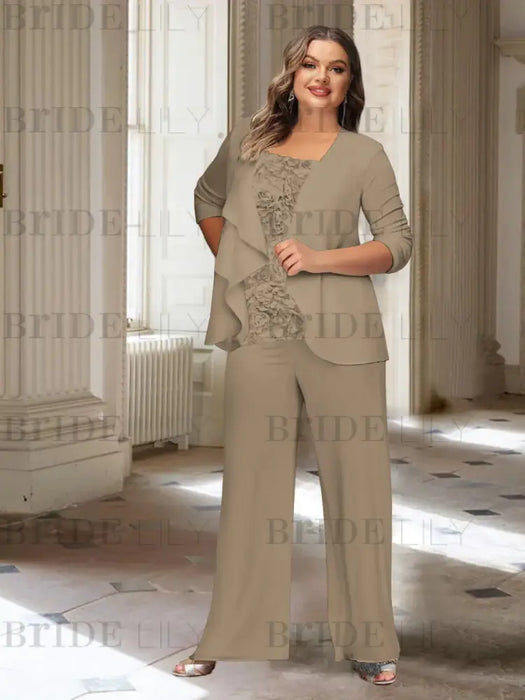 Taupe plus size chiffon mother of the bride pantsuit with rosette top