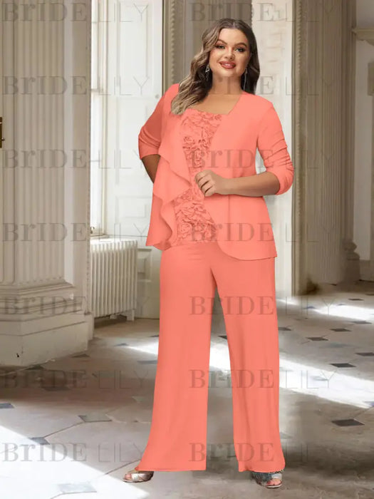 Watermelon plus size chiffon mother of the bride pantsuit with rosette top
