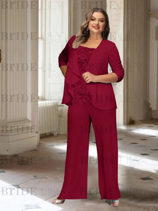 Wine Red plus size chiffon mother of the bride pantsuit with rosette top