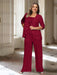 Wine Red plus size chiffon mother of the bride pantsuit with rosette top