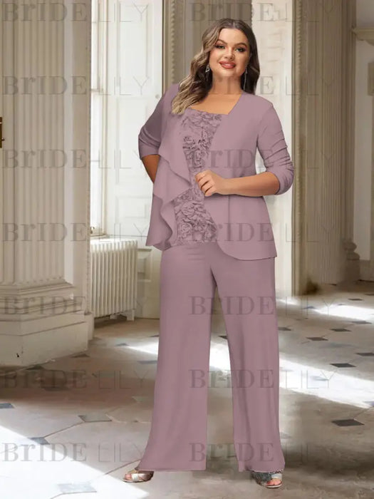 Wisteria plus size chiffon mother of the bride pantsuit with rosette top