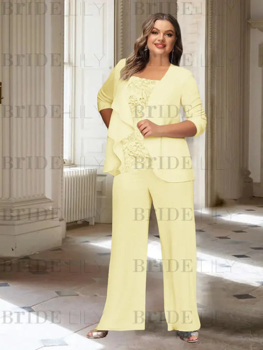 Yellow plus size chiffon mother of the bride pantsuit with rosette top