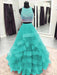 Round Neck 2 Pieces Green/Burgundy/Blue Tulle Sequins Long Prom Dresses, 2 Pieces Green/Burgundy/Blue Formal Evening Dresses