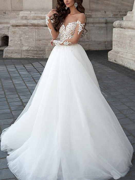 Lace Aline White Wedding Dress Long Sleeves-Bridelily Lace Aline White Wedding Dress Long Sleeves-Bridelily