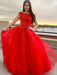 Round Neck Cap Sleeves Lace Red Long Prom Dresses, Cap Sleeves Red Lace Formal Dresses, Red Lace Evening Dresses, Red Ball Gown