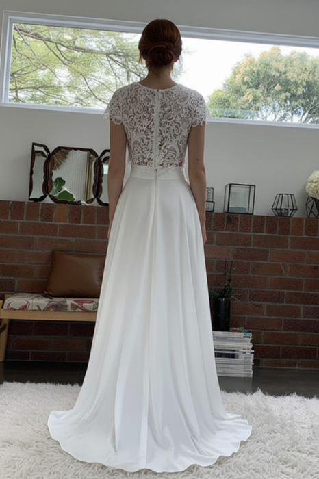 Cap Sleeves Two Pieces White Lace Formal Dress-Bridelily