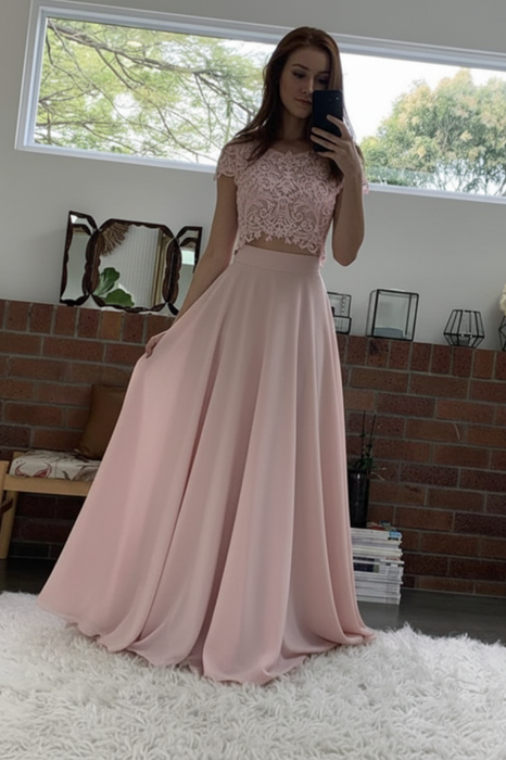 Cap Sleeves Two Pieces White Lace Formal Dress-Bridelily