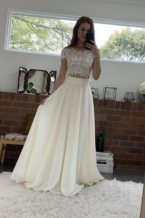 Cap Sleeves Two Pieces White Lace Formal Dress-Bridelily