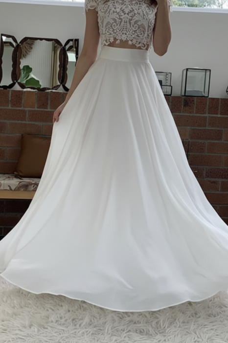 Round Neck Cap Sleeves 2 Pieces White Lace Prom Dresses