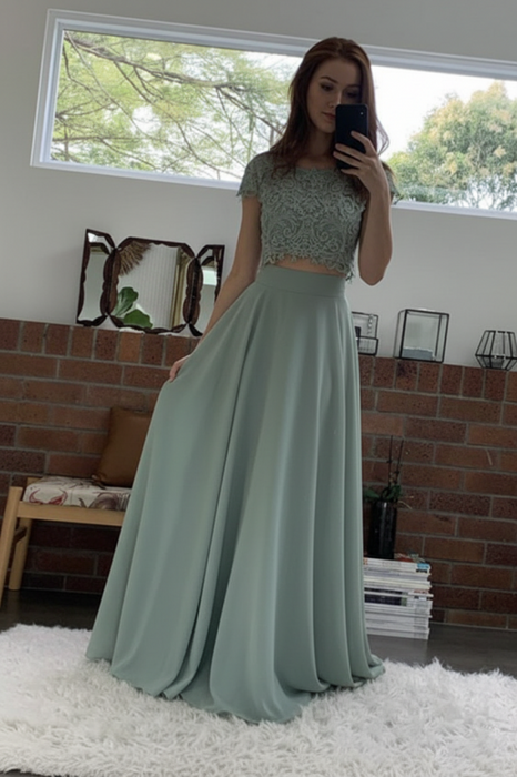Dusty Sage Round Neck Cap Sleeves 2 Pieces White Lace Prom Dresses