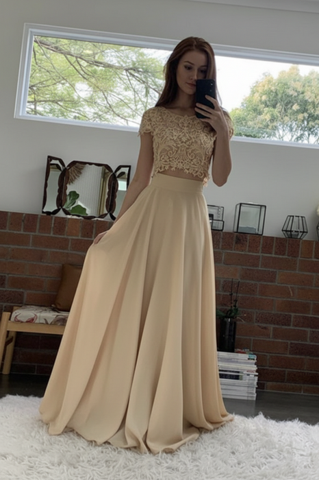 Round Neck Cap Sleeves Two Pieces White Lace Formal Dress Evening Dress