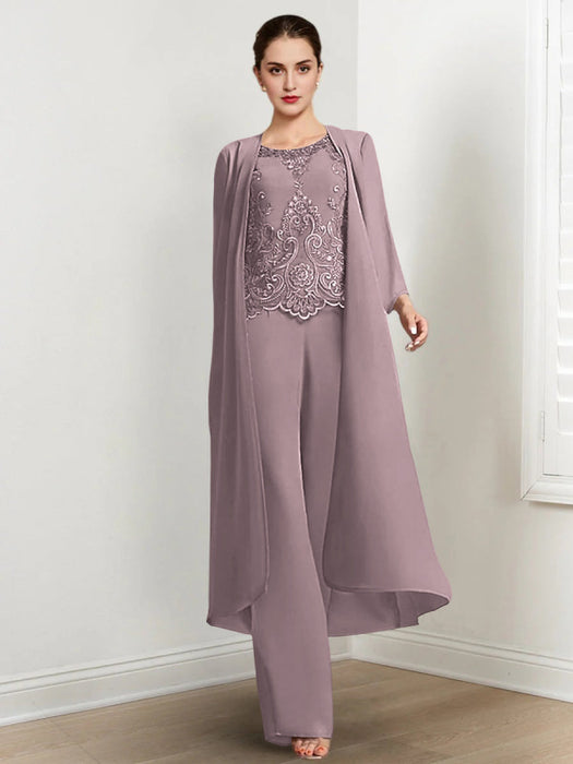 Floor-Length Round Neck Chiffon Pantsuits For The Mother Of The Bride With Jacket And Applique