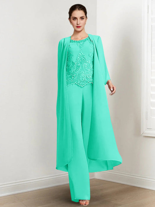 Floor-Length Round Neck Chiffon Pantsuits For The Mother Of The Bride With Jacket And Applique