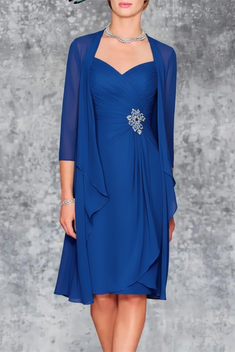 Royal Blue 3/4 Sleeves Knee Length Ruffle Chiffon Mother of the Bride Outfits with Lace - Prom Dresses