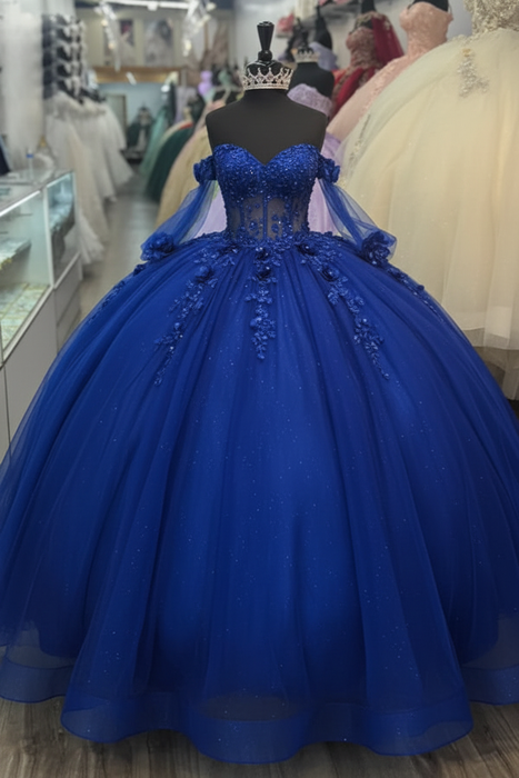 Royal Blue Off-the-Shoulder 3D Floral Quinceanera Dress Sweet 16 Ball Gown with Beadings