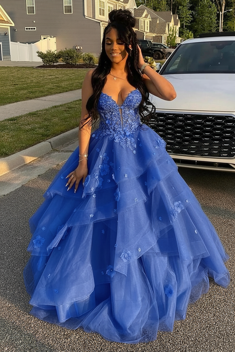 Spaghetti Straps Tulle A-Line Prom Dress Floral Ruffles Corset Gown -Bridelily Spaghetti Straps Tulle A-Line Prom Dress Floral Ruffles Corset Gown -Bridelily