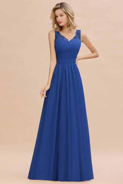 Royal Blue Modest Floral Lace A-line Bridesmaid Dress V-Neck Floor Length Chiffon Wedding Guest Dress
