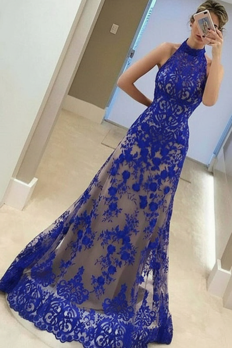 Royal Blue A-Line High Neck Sleeveless Floor-Length Lavender Lace Prom Dress - Prom Dresses