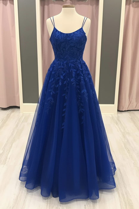 Royal Blue A Line Lace Long Prom Dresses