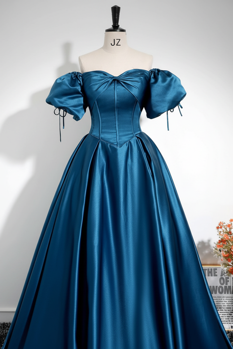 Royal Blue A-Line Pleated Off-The-Shoulder Prom Dress