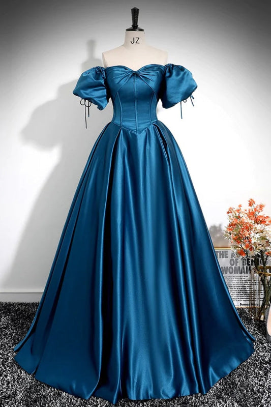 Royal Blue A-Line Pleated Off-The-Shoulder Prom Dress-Bridelily