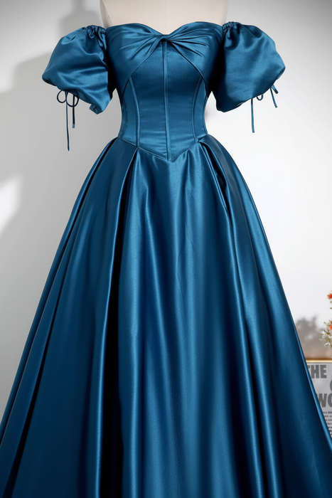 Royal Blue A-Line Pleated Off-The-Shoulder Prom Dress