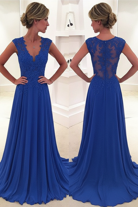 Royal Blue A-Line/Princess Sleeveless Chiffon Lace V-neck Sweep/Brush Train Dresses - Prom Dresses