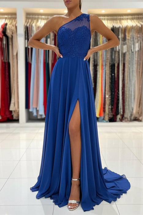Royal Blue A-Line Sleeveless One-Shoulder Simple Prom Dress with Lace Appliques - Prom Dresses