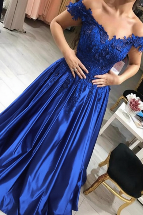 Royal Blue Off-the-Shoulder Lace Applique Satin Aline Evening Dresses