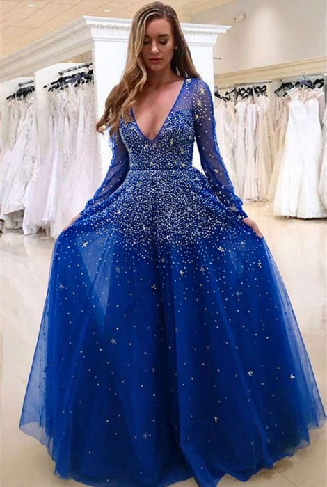 Royal Blue Bridelily A-line Long Sleeves V-neck Floor-length Tulle Pearls Prom Dresses