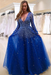 Royal Blue Bridelily A-line Long Sleeves V-neck Floor-length Tulle Pearls Prom Dresses