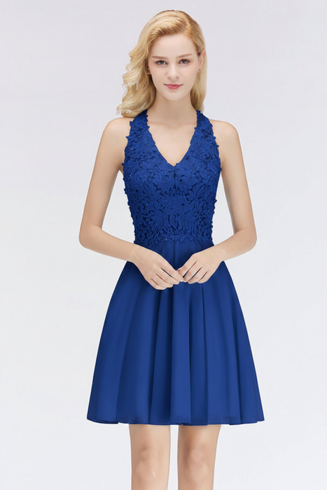 Royal Blue V-Neck Short Lace Bridesmaid Dresses