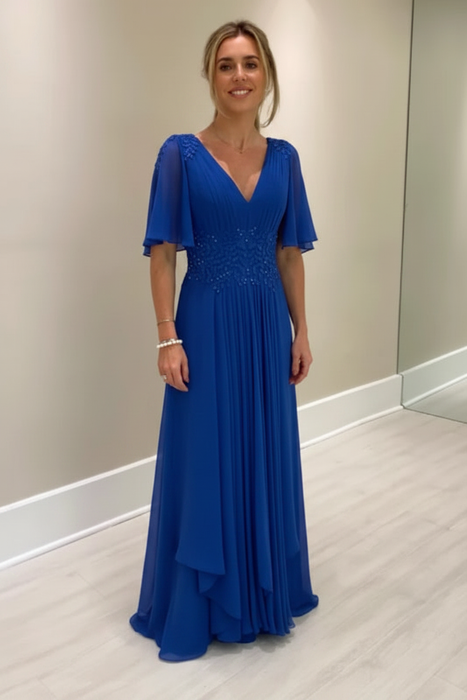 Royal Blue Elegant Half Sleeves V-neck Aline Wedding Guest Dress Chiffon Mother of the Bride Dress - Prom Dresses