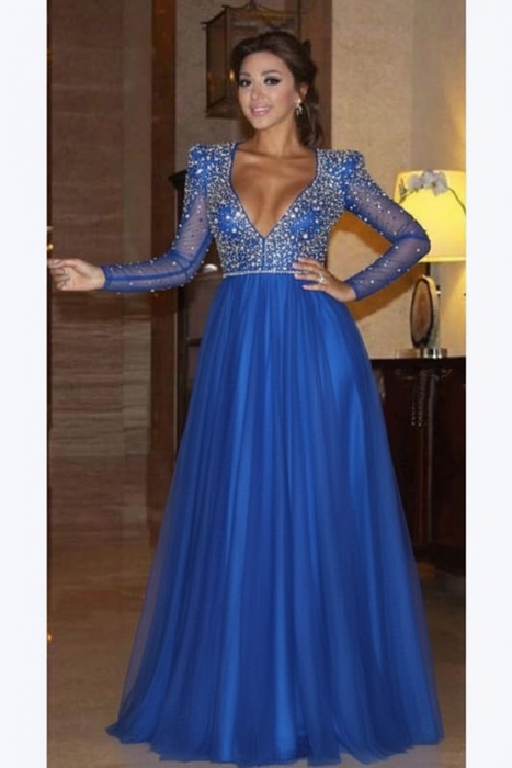 Royal Blue Elegant Long Sleeve Formal Dress with Beads A Line Sparkle V Neck Evening Dresses - Prom Dresses