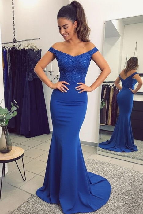Royal Blue Elegant Off-the-Shoulder Mermaid Lace Beadings Long Evening Dress - Prom Dresses