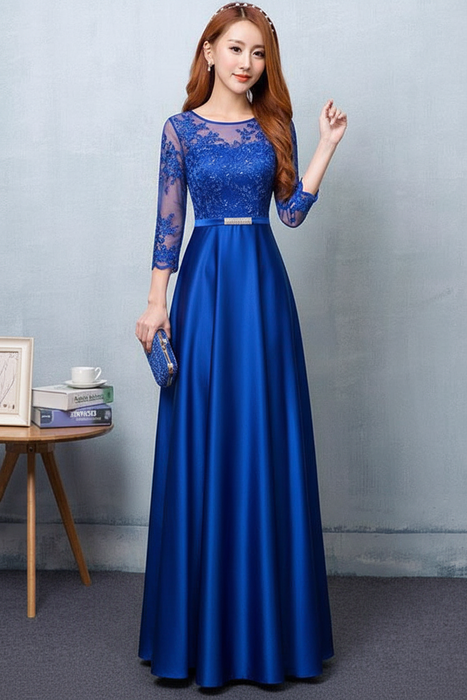 Royal Blue Evening Dress Satin Prom Dress Lace Applique Wedding Guest Dresses Sash A Line Maxi Mother's Dress wedding guest dress