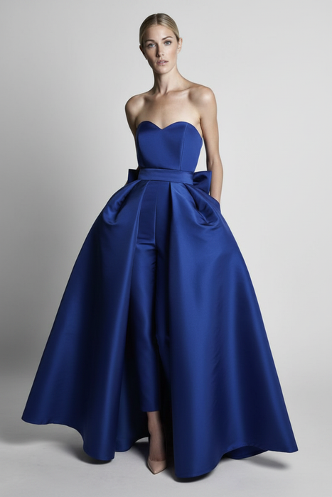 Royal Blue Sweetheart Evening Jumpsuit Ball Gown Ankle Length Sleeveless Satin Social Party Jumpsuit