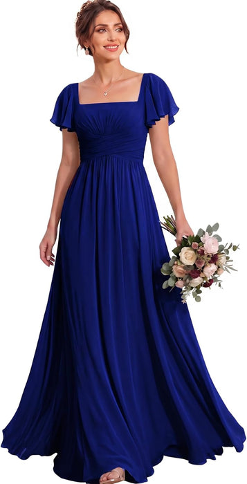 Bridelily Women's Flutter Sleeves Bridesmaid Dresses Square Neck Chiffon Maxi Dres - Royal Blue