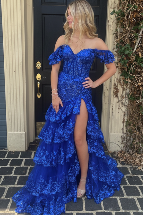Royal Blue Glitter Sequins Off-the-shoulder Tulle Split Front A-Line Prom Dresses - Prom Dress