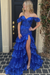 Royal Blue Glitter Sequins Off-the-shoulder Tulle Split Front A-Line Prom Dresses - Prom Dress