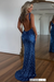 Royal Blue Glitter Sequins Sleeveless V Neck Prom Dress Long with Split