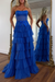 Royal Blue Glitter Strapless Tiered Ruffle Corset Prom Dress Long with Slit