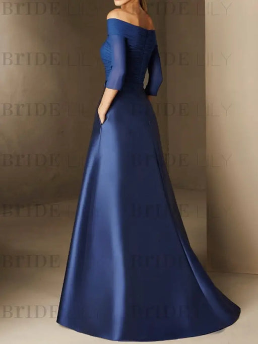 Short-Sleeve Off-the-Shoulder A-Line Mother of the Bride Dress with Belt Applique