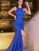 Royal Blue Halter Mermaid Prom Dress with Split