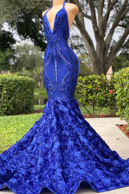 Royal Blue Halter V-Neck Open-Back Sleeveless Mermaid Prom Dress Bridelily Royal Blue Halter V-Neck Open-Back Sleeveless Mermaid Prom Dress Bridelily