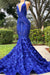 Royal Blue Halter V-Neck Open-Back Sleeveless Mermaid Prom Dress