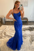 Royal Blue Lace Mermaid Backless Long Prom Dresses