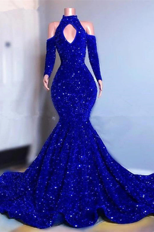 Royal Blue Long Sleeve Mermaid Prom Dress with High Collar and Sequins