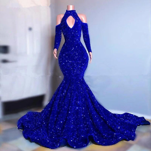 Royal Blue Long Sleeve Mermaid Prom Dress with High Collar and Sequins