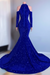 Royal Blue Long Sleeve Mermaid Prom Dress with High Collar and Sequins
